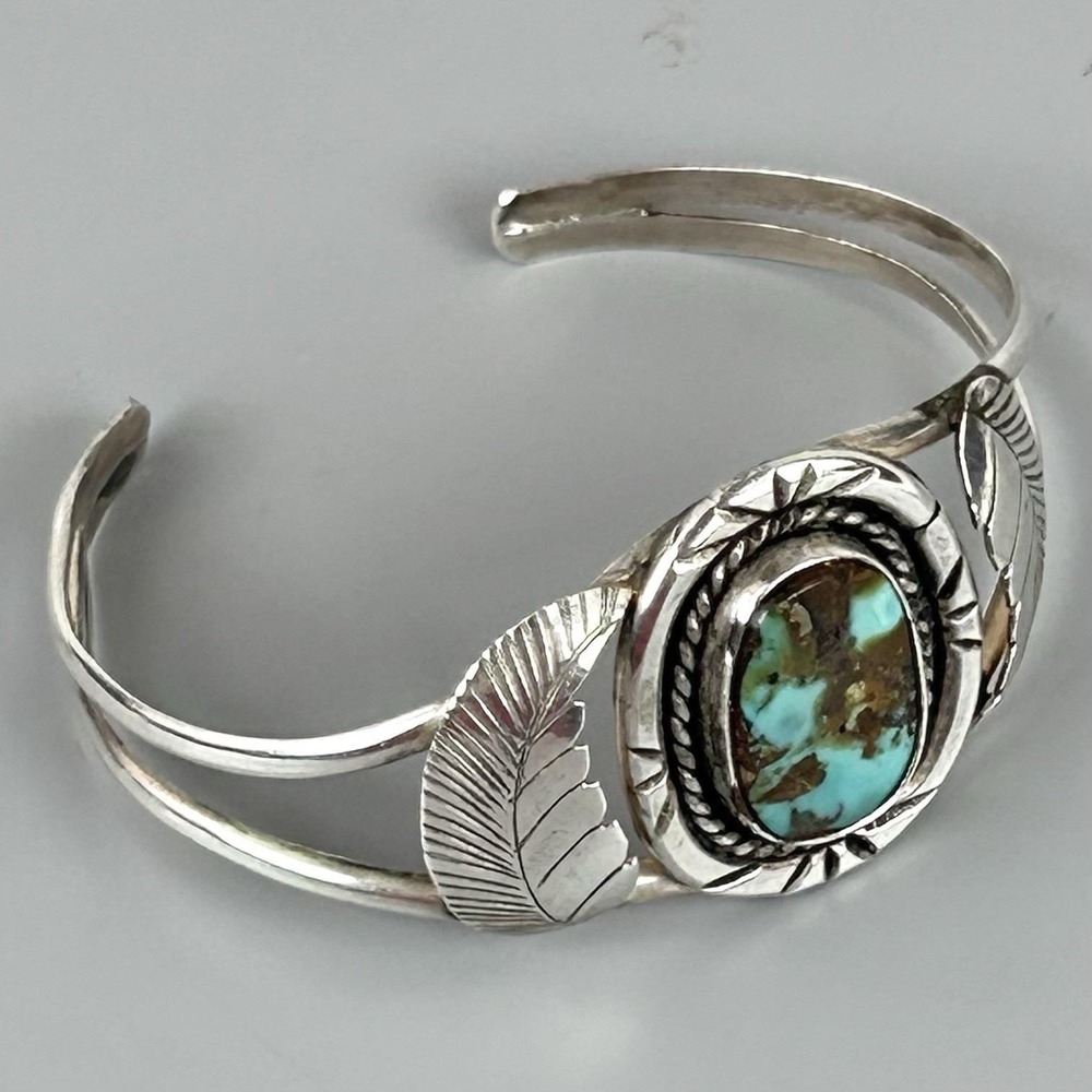 Ivan V Navajo Sterling Silver Turquoise Feather Cuff Bracelet 1970s Signed